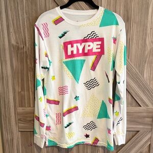 Hype White Long Sleeve Graphic Tee with Pink & Teal Accents